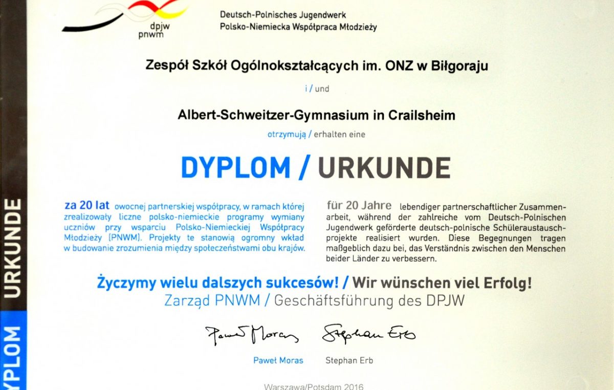 6 lutego 2017 – Wyróżnienie i dyplom specjalny za 20 lat wymiany polsko-niemieckiej