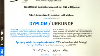 6 lutego 2017 – Wyróżnienie i dyplom specjalny za 20 lat wymiany polsko-niemieckiej